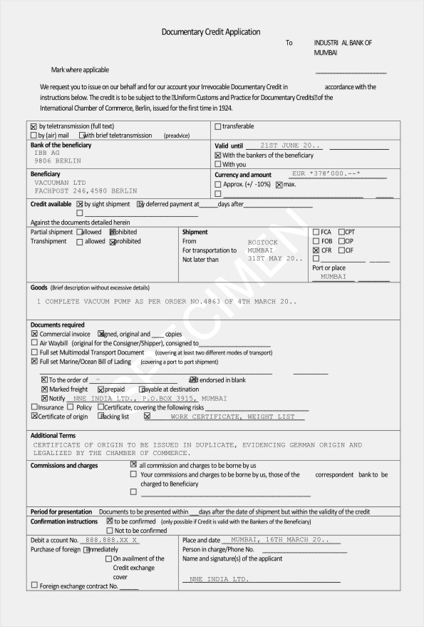 Documentary Credit Application form